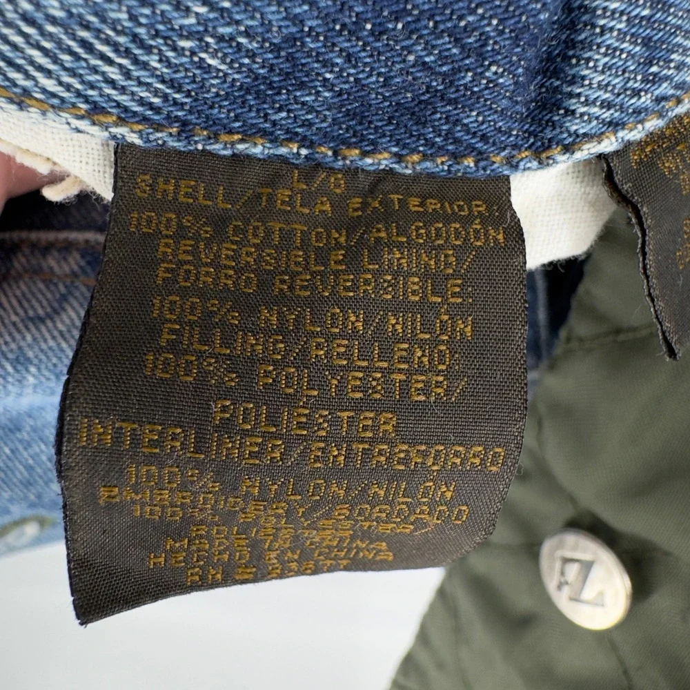 Arizona Jean Company Reversible Denim Jacket Blue Quilted Olive Green Mens L